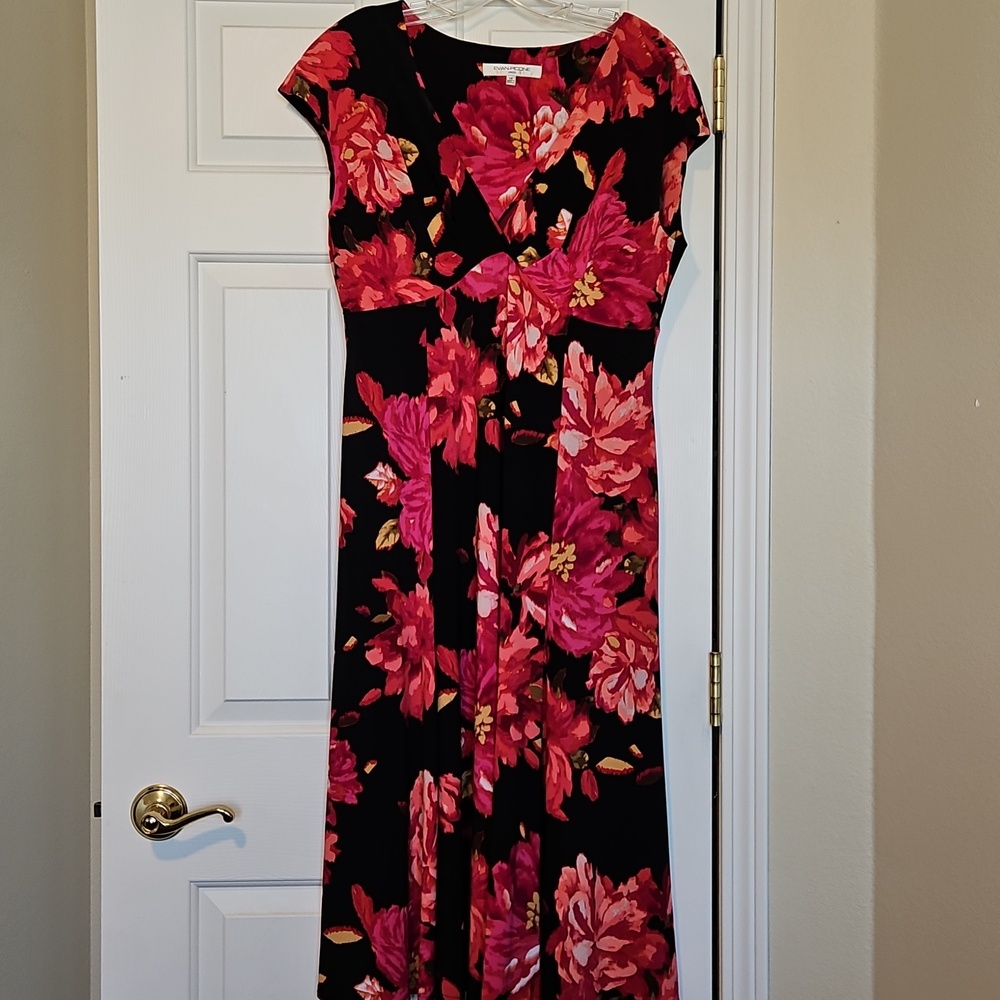 EVAN-PICONE V-Neck Pull Over Flowy Womens Dress sz 14 Vibrant Floral Print
